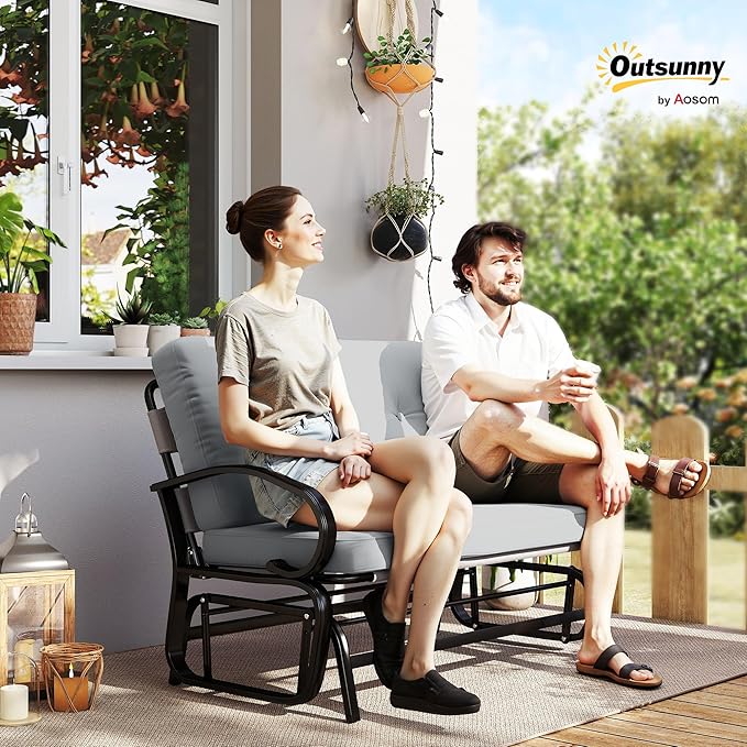Outsunny Outdoor Glider Bench, 2-Person Patio Rocker Loveseat with Tufted Cushions, Steel Frame for Porch, Garden Backyard, Gray