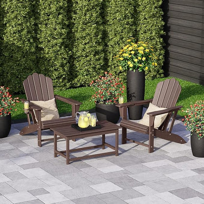 Costaelm Lakeview 3-Piece Adirondack Chairs with Cup Holders and Coffee Table Set, Dark Brown