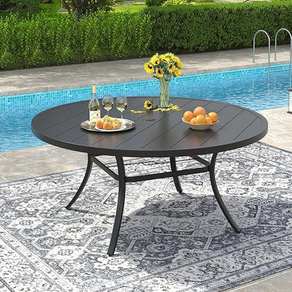 VICLLAX 53" Round Patio Dining Table for 6-8, Metal Outdoor Dining Table with Umbrella Hole for Garden, Patio, Balcony, Black