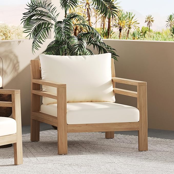 Christopher Knight Home Jamaia Outdoor Acacia Wood Club Chair, Patio Armchair with Thick Beige Cushions - Photo 1