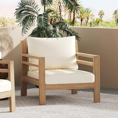 Christopher Knight Home Jamaia Outdoor Acacia Wood Club Chair, Patio Armchair with Thick Beige Cushions, Deep Seating Furniture for Garden, Porch, Backyard, Balcony, Light Teak Finish, Beige
