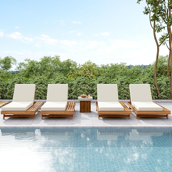 2-Piece Patio Lounge Chair Set with Side Space, Outdoor Chaise Lounge Adjustable & Breathable Acacia Wood Frame - Photo 2