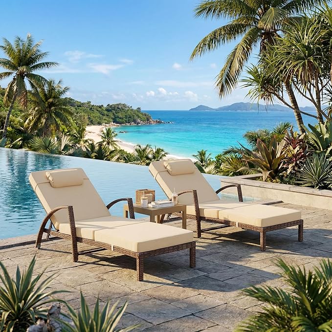 GarveeHome Outdoor Chaise Lounge Set of 2, Weather-Resistant PE Rattan Recliners with 5 Adjustable Positions, Wheels - Photo 1