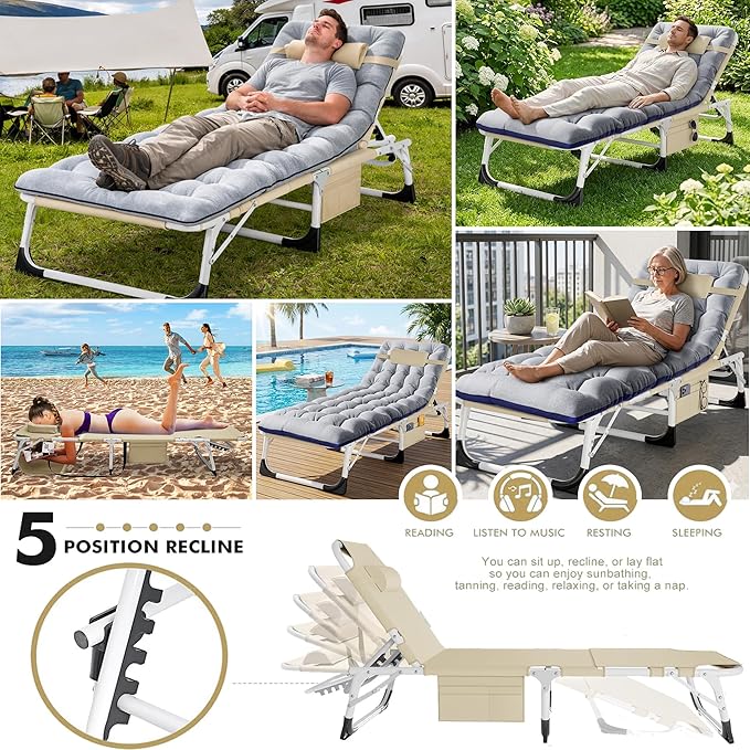 ABORON 4-in-1 Lounge Chair with Face & Arm Holes for Tanning, 440LB Heavy-Duty Folding Recliner with Plush Cotton Cushion, No Assembly Tri-Fold Guest Bed for Sunbathing, Poolside, Office Nap & Camping
