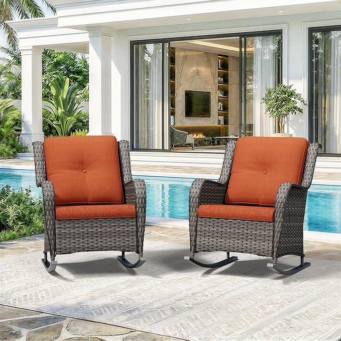 Patio Rocking Chairs Set of 2, Outdoor Wicker Patio Furniture Set 2 Pieces with Thickened Olefin Cushions - Photo 7