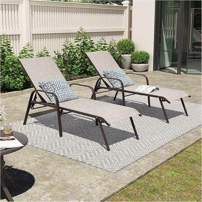 Crestlive Outdoor Chaise Lounge Chair,5-Position Pool Lounge Chairs with Armrests Sunbathing Recliner for Patio,Beach,Deck,Yard (2PC Beige)