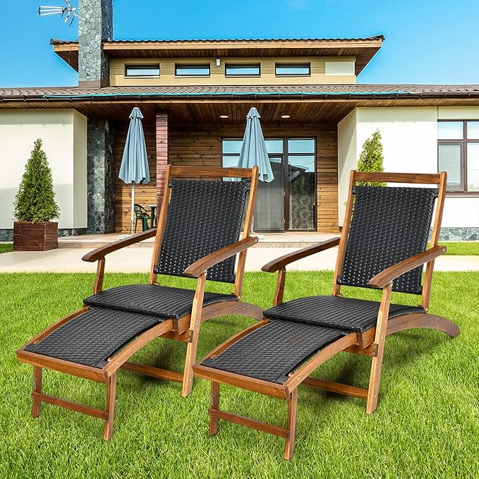 COSTWAY Patio Folding Rattan Lounge Chair, Acacia Solid Wood Frame, Low Deck Chair with Convenient Retractable Footrest, 24” x 51.5” x 32.5”
