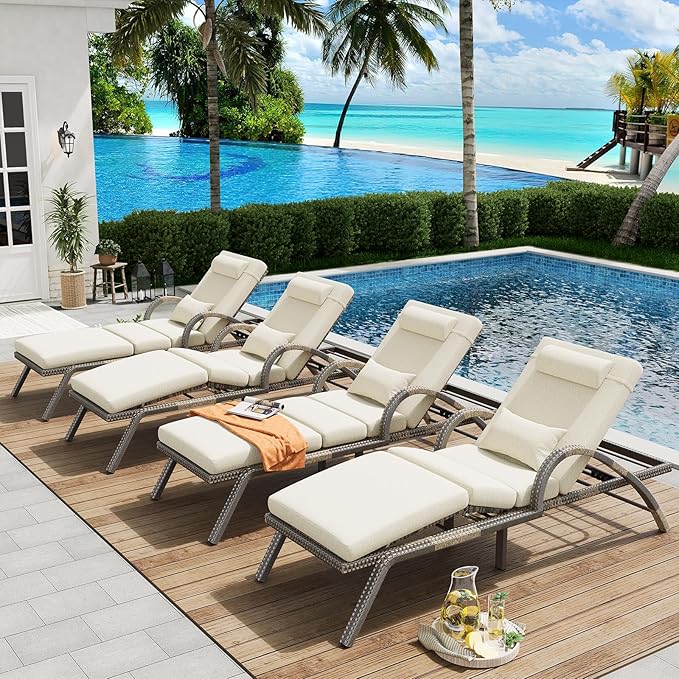 MEISSALIVVE Outdoor Lounge Chairs Set of 4, Patio Chaise Loungers with Adjustable 5-Position & Leg Support, PE Rattan Chaise Lounge, Wicker Pool Recliners Chair for Backyard, Porch, Deck, （Brown