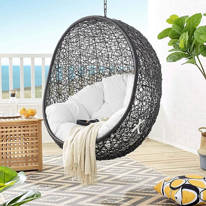 Modway Encase Wicker Rattan Outdoor Patio Porch Lounge Egg Swing Chair with Stand in White - Photo 8
