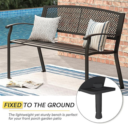 VICLLAX Outdoor Garden Bench, 50” Long Metal Patio Bench with Backrest and Armrests, Modern Slatted Black Park Bench for Front Porch, Lawn, Yard, Garden, Round Pattern Back