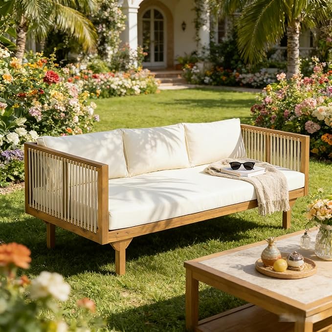 Merax Acacia Wood Outdoor Patio Loveseat Sofa w/Coushion and & Light Brown Rope, 3-Seater Sofa Daybed for Backyard, Lawn, Deck, Balcony, Water Repellent Fabric, 600 lbs Capacity, Teak +Beige