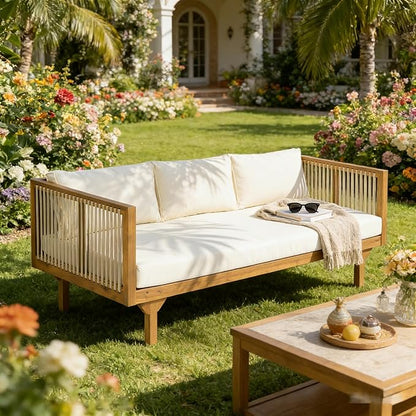 Merax Acacia Wood Outdoor Patio Loveseat Sofa w/Coushion and & Light Brown Rope, 3-Seater Sofa Daybed for Backyard, Lawn, Deck, Balcony, Water Repellent Fabric, 600 lbs Capacity, Teak +Beige