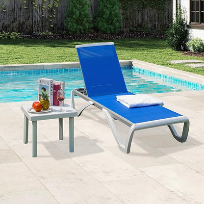Domi Outdoor Chaise Lounge Chair, Aluminum Patio Lounge Chair with 5 Position Adjustable Backrest and Side Table, for Poolside, Beach, Yard(1 Blue Chair W/Table)