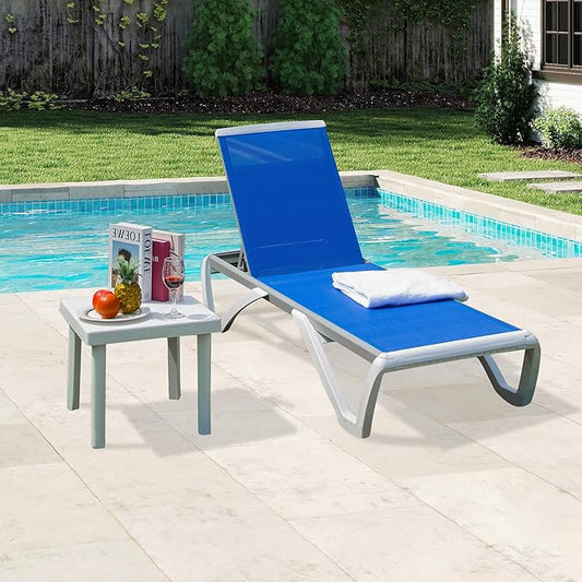 Domi Outdoor Chaise Lounge Chair, Aluminum Patio Lounge Chair with 5 Position Adjustable Backrest and Side Table, for Poolside, Beach, Yard(1 Blue Chair W/Table)