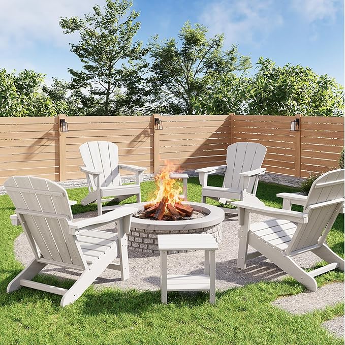 Modern HDPE Plastic Adirondack Chair Set of 4 with 2 Side Table - Oversize 380 LB Poly Lumber Weather Resistant Firepit Chair - Outdoor Patio Chairs with Wooden Textured for Deck, Pool, Porch - White