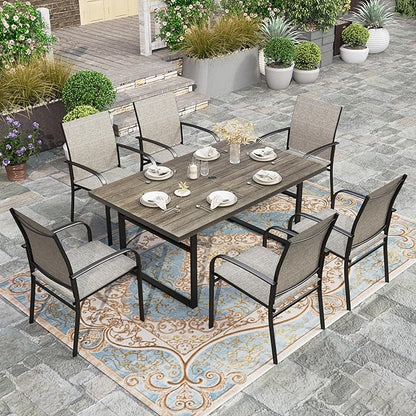 HERA'S HOUSE 64" Patio Table for 6, Wood-Like Metal Steel Slat Rectangle Outdoor Dining Table with Umbrella Hole for Lawn Garden Backyard