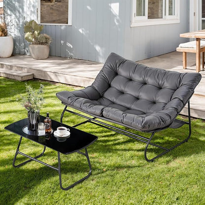 NOBLEMOOD 2 Pieces Patio Loveseat Set with Coffee Table, Outdoor Indoor Cushioned Love Seat, Metal Frame Oversized 2 Seater Chair for Porch, Garden, Living Room, Balcony
