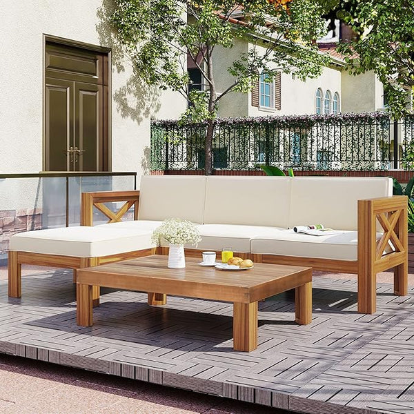 Outdoor Backyard Patio Wood 5-Piece Sectional Sofa Seating Group Set with Cushions, Natural Finish+ Beige Cushions - Photo 1
