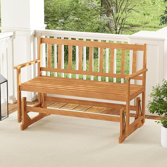 Tangkula 2-Person Outdoor Acacia Wood Glider Bench, Heavy Duty 800 LBS, Patio Swing Rocking Loveseat with Slatted Seat and Backrest for Porch, Garden and Backyard, Natural
