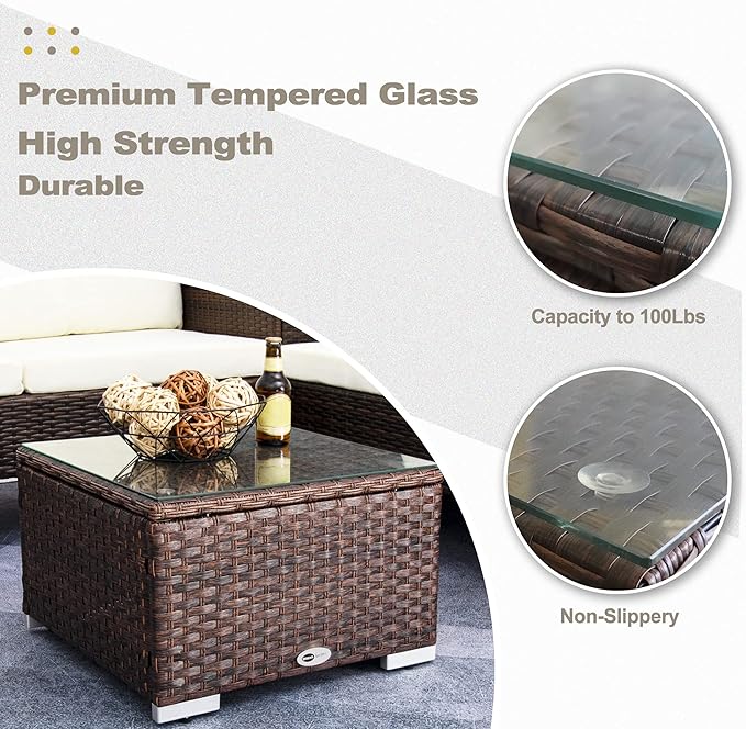 DIMAR GARDEN Outdoor Coffee Table Wicker Patio Side Table with Glass Top,19.7in Mixed Brown - Photo 5