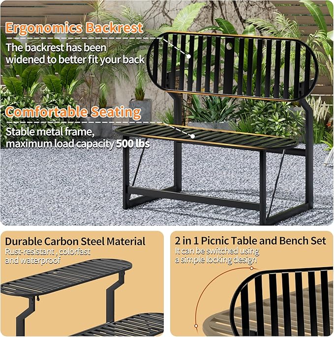 Convertible Bench, 2 in 1 Carbon Steel Picnic Table, Transforming Interchangeable Outdoor Table with Umbrella Hole - Photo 5