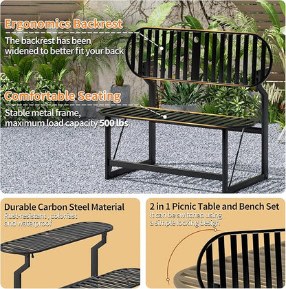 Convertible Bench, 2 in 1 Carbon Steel Picnic Table, Transforming Interchangeable Outdoor Table with Umbrella Hole, for Outside Patio Porch Backyard Park Garden 1 Pack Black Bench