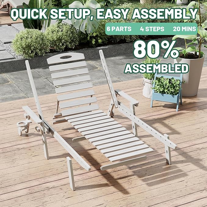 Outdoor Lounge Chairs, 78'' Long Patio Lounge Chair HDPE 5-Position Adjustable with Cup Holder & Rolling Wheels, Pool Lounge Chair for Sunbathing Tanning, Deck, Poolside -White