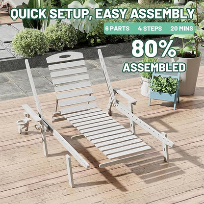 Outdoor Lounge Chairs, 78'' Long Patio Lounge Chair HDPE 5-Position Adjustable with Cup Holder & Rolling Wheels, Pool Lounge Chair for Sunbathing Tanning, Deck, Poolside -White