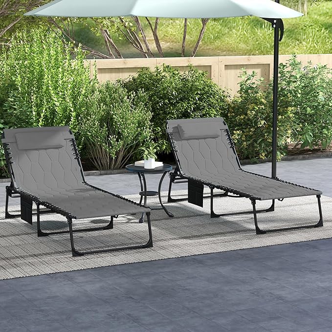 Outsunny Padded Folding Chaise Lounge Chair Outdoor Set of 2, 5-Level Reclining Patio Loungers, Tanning Chairs with Side Pocket, Headrest and Carrying Handle for Beach, Yard, Patio, Gray