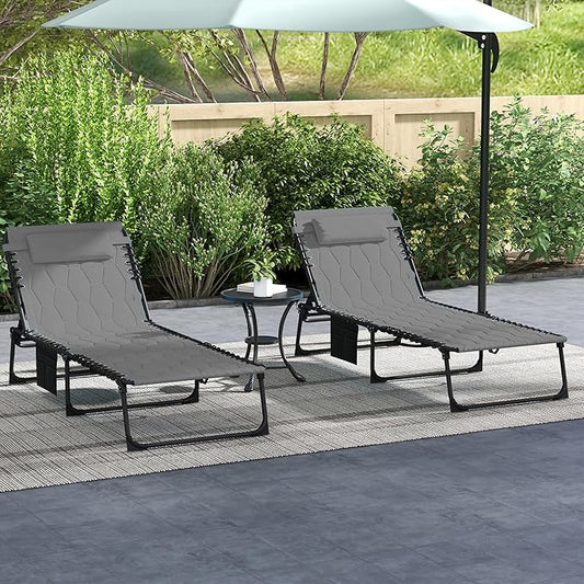 Outsunny Padded Folding Chaise Lounge Chair Outdoor Set of 2, 5-Level Reclining Patio Loungers, Tanning Chairs with Side Pocket, Headrest and Carrying Handle for Beach, Yard, Patio, Gray