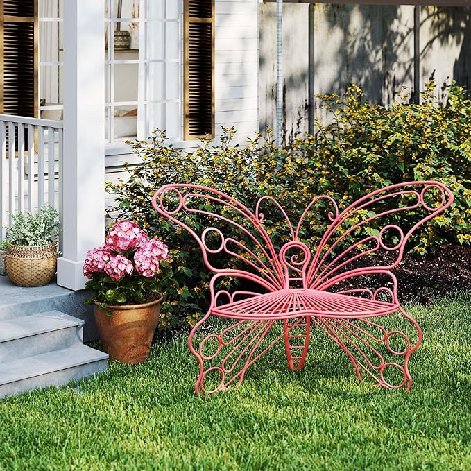 Pink Cute Butterfly Benches for Outdoors, Pretty Garden Bench & 50" Metal Outside Bench, Front Porch Benches Outdoor with Sturdy Frame for Lawn Yard Balcony (Pink)