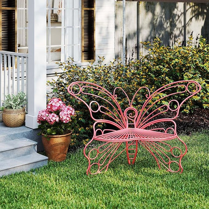 Pink Butterfly Benches Outdoors, Pretty Garden Bench & Cute Metal Outside Bench, Front Porch Benches Outdoor with Sturdy Frame for Lawn Yard Balcony (Pink)