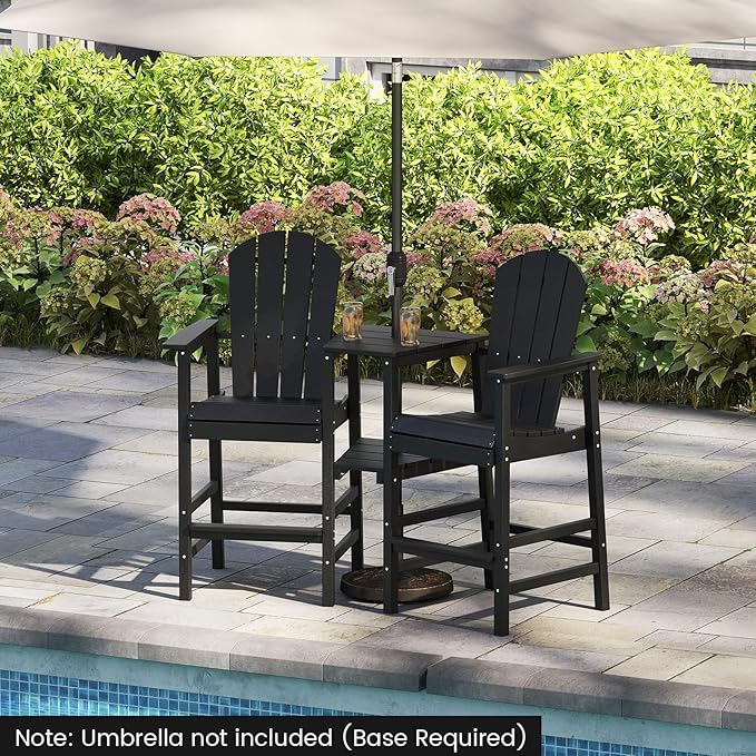 Giantex Outdoor Tall Adirondack Chairs Set of 2, HDPE Adirondack Bar Stools w/Double Connecting Tray, Umbrella Hole, High Backrest, All-Weather Balcony Chair, Patio Barstools for Garden Lawn (Black)