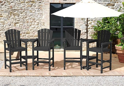 KINGYES Tall Adirondack Chair Set of 4, All Weather HDPE Outdoor Adirondack Bar Stools with Double Connecting Trays, Bar Height Airondack Chair with Wood Grain for Balcony, Deck, Backyard, Black