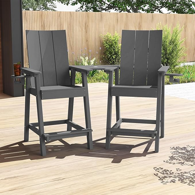 Tall Adirondack Chair Set of 2, HDPE Balcony Chairs with Connecting Tray, Two Cup Holders, All-Weather Adirondack Bar Stools for Patio, Balcony, Backyard, Poolside, Grey