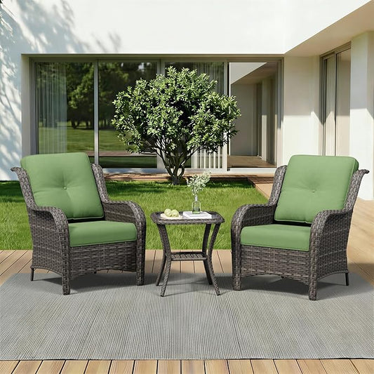 3 Pieces Outdoor Wicker Patio Furniture Set - Patio Chairs Set with Thickened Olefin Cushions, High Back and Deep Seating, Curved Armrest, PE Rattan for Porch, Deck, Balcony,Green