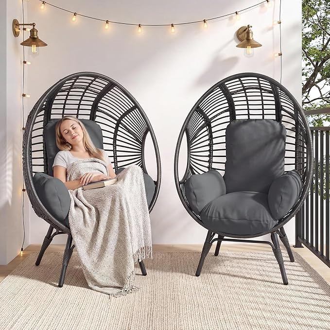 Oversized Wicker Egg Chair, Outdoor Indoor Rattan Patio Egg Lounge Chairs with Cushion 500lbs Capacity for Living Room - Photo 1