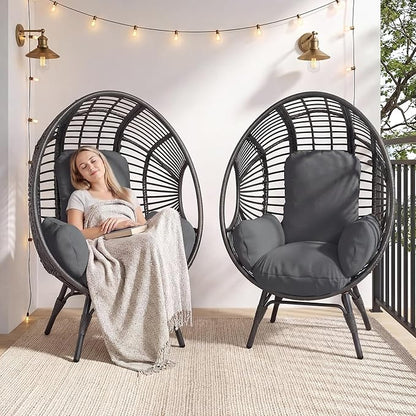 Oversized Wicker Egg Chair, Outdoor Indoor Rattan Patio Egg Lounge Chairs with Cushion 500lbs Capacity for Living Room, Balcony, Backyard (2 PCS, Black-Regular)