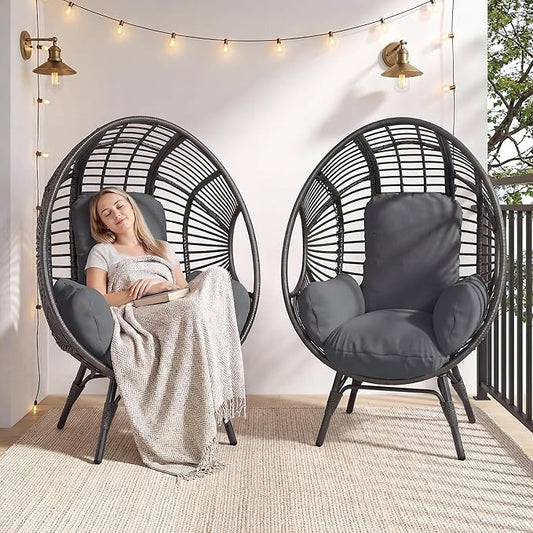 Oversized Wicker Egg Chair, Outdoor Indoor Rattan Patio Egg Lounge Chairs with Cushion 500lbs Capacity for Living Room, Balcony, Backyard (2 PCS, Black-Regular)