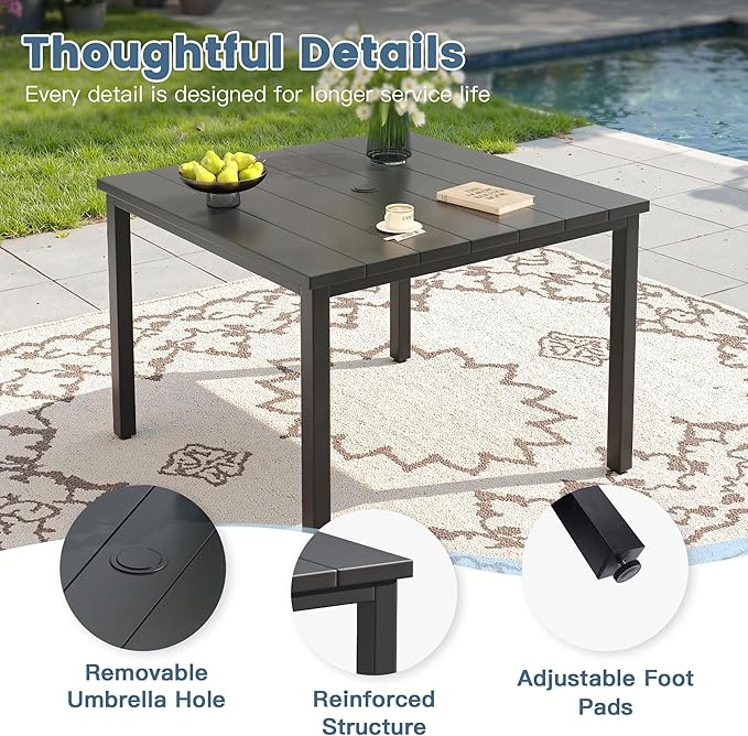 DIFY 40.2" Square Outdoor Dining Table for 4, Slatted Metal Patio Table with Adjustable Umbrella Hole, All-Weather Patio Dining Table for Garden Backyard Deck, Black Tabletop