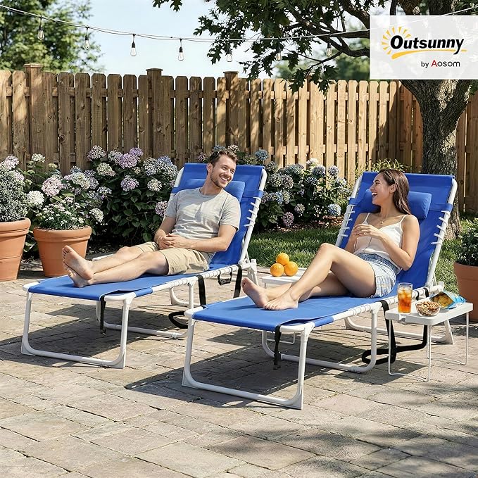 Outsunny Tanning Chair Set of 2 with Face Hole, Side Table, 5-Position Reclining Folding Chaise Lounge Chair Outdoor Lounger Recliner, Carry Straps for Beach Pool Camp, Breathable Mesh, Navy Blue
