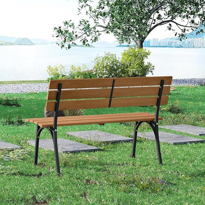 Tangkula Acacia Wood Outdoor Bench with Backrest, Patio Loveseat with Heavy Duty Metal Frame, Slatted Backrest and Seat, Park Bench for Outside Front Porch, Garden and Backyard