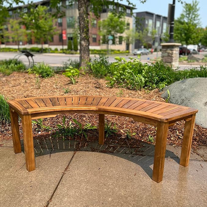 Patio Wise Acacia Wood Outdoor Curved Bench for Fire Pit Seating – 6-Foot Backless Round Bench for Patio, Porch, Park, or Dining Table, 57" L x 16" W x 17.75" H, Teak Color