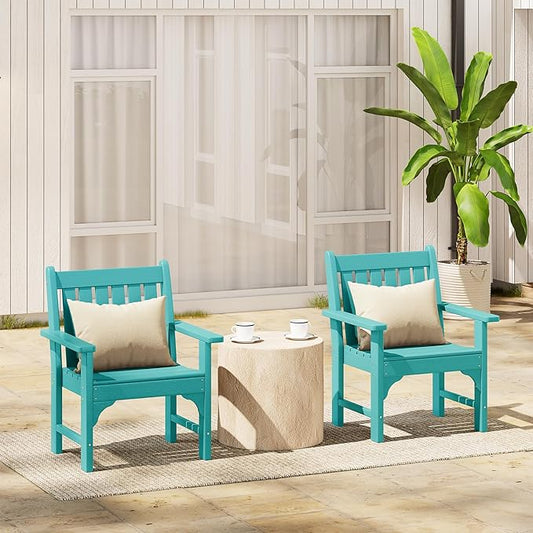 Costaelm Outdoor Dining Chairs with Arms Set of 2, Patio HDPE Garden Dining Table Chair, Poly Lumber Waterproof Restaurant Bistro Farmhouse Chairs for Outside Porch Backyard, Turquoise