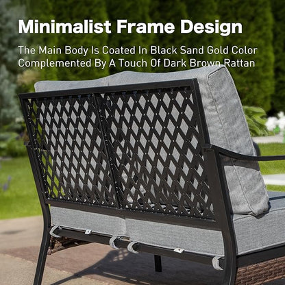 Metal Patio Furniture Loveseat with 5.75" Extra Thick Waterproof Cushion, 2-Seater Deep Seating & High-Back Black Outdoor Couch All Weather Outdoor Seating for Gazebo Porch, Gray