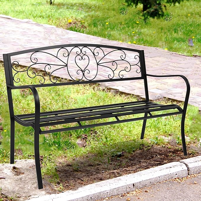 JOYBASE 50" Outdoor Bench, 2-3 People Seat, Metal Patio Bench, Cast Iron Bench, Porch Bench, Garden Bench, 530lbs Weight Capacity, Black