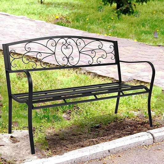 JOYBASE 50" Outdoor Bench, 2-3 People Seat, Metal Patio Bench, Cast Iron Bench, Porch Bench, Garden Bench, 530lbs Weight Capacity, Black
