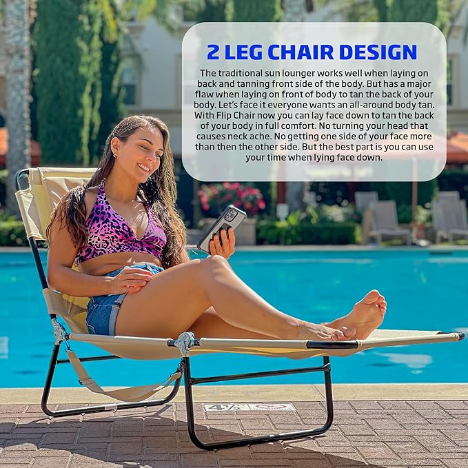 Face Down Tanning Chaise Lounge Chair - Face & Arm Holes - 2 Legs Support - Polyester Material – Backrest Positions - Head Rest Pillow - Beach or Home Use - Read and Tan - Tan Stripes Pattern