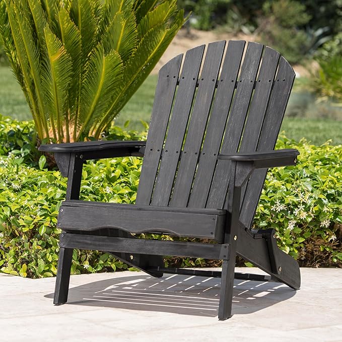 Folding Adirondack Chair, Outdoor Dark Gray Adirondack Chairs with Wood Texture, Acacia Wood Fire Pit Chairs, All Weather, for Deck Backyard Patio Outdoor Garden