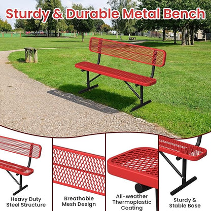 6ft Metal Park Bench with Backrest, Heavy-Duty Steel Outdoor Bench Weatherproof Playground Bench Seats, Commercial Garden Benches Red Dock Benches for Lawn, Park, Deck,Patio, Porch, Easy Installation